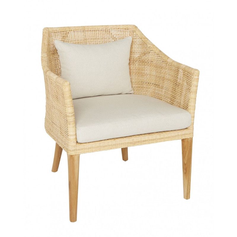 Fauteuil rotin cannage SAIGON avec coussin en tissu lin T596