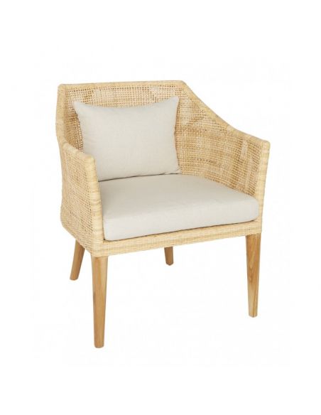Fauteuil rotin cannage SAIGON avec coussin en tissu lin T596