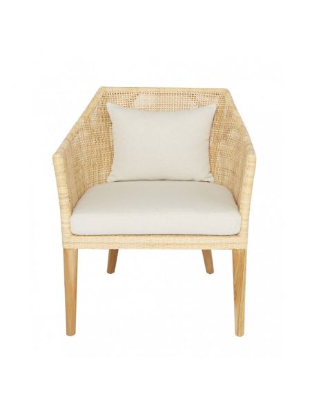 Fauteuil rotin cannage SAIGON avec coussin en tissu lin T596