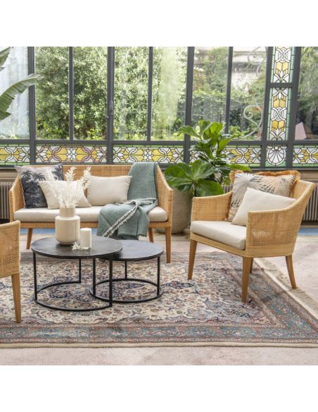 Fauteuil rotin cannage SAIGON avec coussin en tissu lin T596