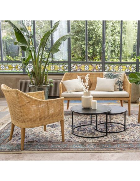 Fauteuil rotin cannage SAIGON avec coussin en tissu lin T596