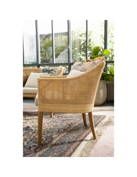 Fauteuil rotin cannage SAIGON avec coussin en tissu lin T596