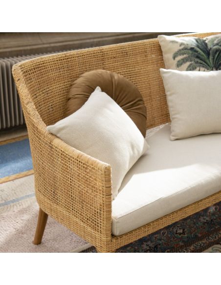 Canapé rotin cannage SAIGON avec coussin en tissu lin T596
