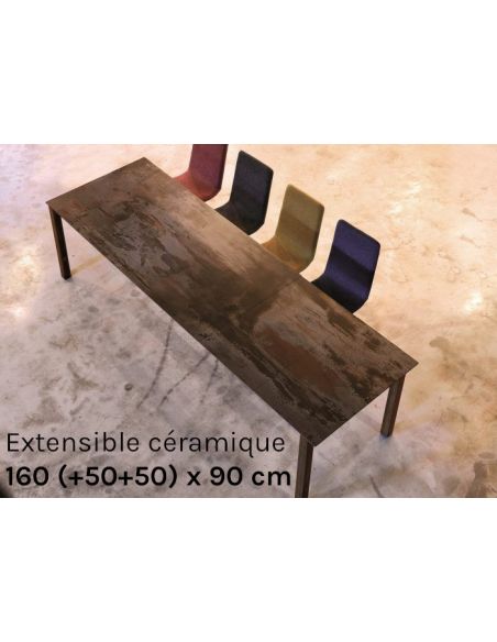 Table extensible contemporaine 2 allonges ALISON, dimensions 160 (+50+50) x 90 cm, avec plateau en céramique DEKTON