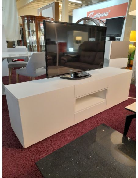 Déstockage Meuble TV design plateau verre blanc dépoli mat, longueur 180 cm