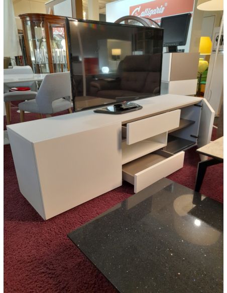 Déstockage Meuble TV design plateau verre blanc dépoli mat, longueur 180 cm