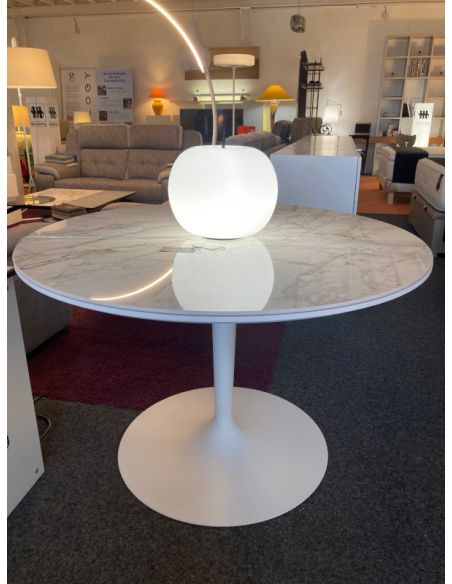 Déstockage Table ronde PLANET CB4005-FD120cm, plateau blanc optique P94 avec céramique DEKTON BERGEN, pied tulipe blanc optique 