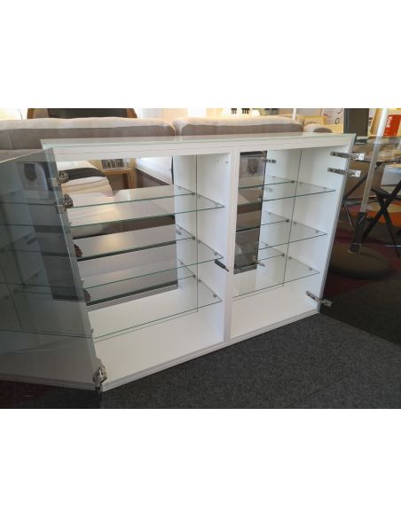 Déstockage Vitrine design verre laqué, portes vitrées, étagères verre, miroir fond