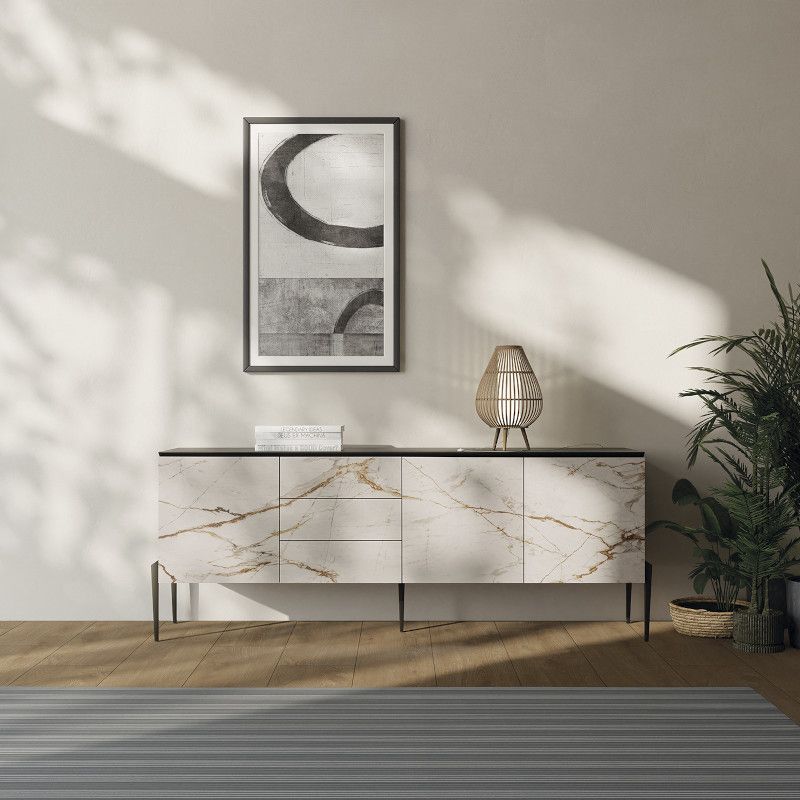 Buffet 2 portes 8 tiroirs HOME LIVING entièrement recouvert de céramique DEKTON, longueur 200 cm, hauteur 93 cm