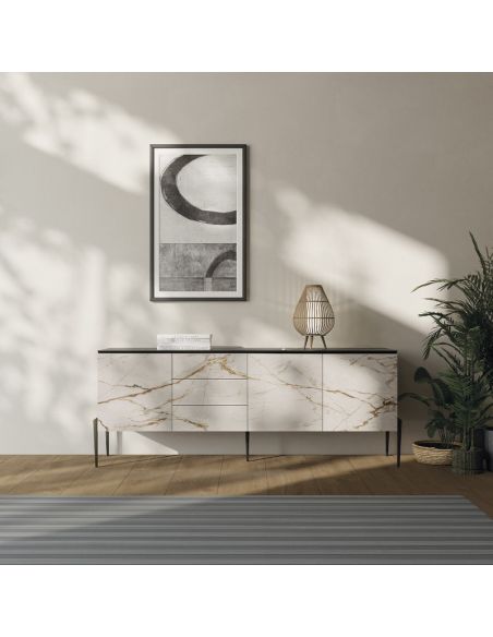 Buffet 2 portes 8 tiroirs HOME LIVING entièrement recouvert de céramique DEKTON, longueur 200 cm, hauteur 93 cm