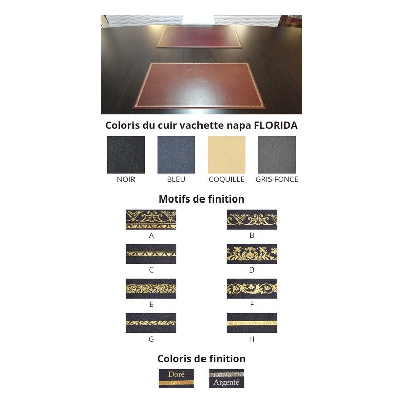 Sous-main cuir de bureau FLORIDA sur mesure, vachette napa, moyen grain et dorure