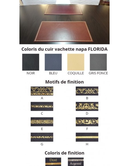 Sous-main cuir de bureau FLORIDA sur mesure, vachette napa, moyen grain et dorure