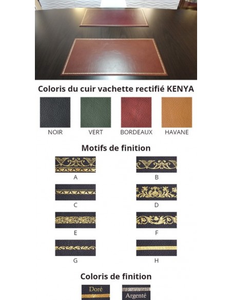 Sous-main cuir de bureau KENYA sur mesure, vachette rectifié, gros grain et dorure