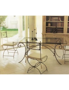 Table lagune rectangulaire, plateau verre, bois ou travertin, Patines Anciennes