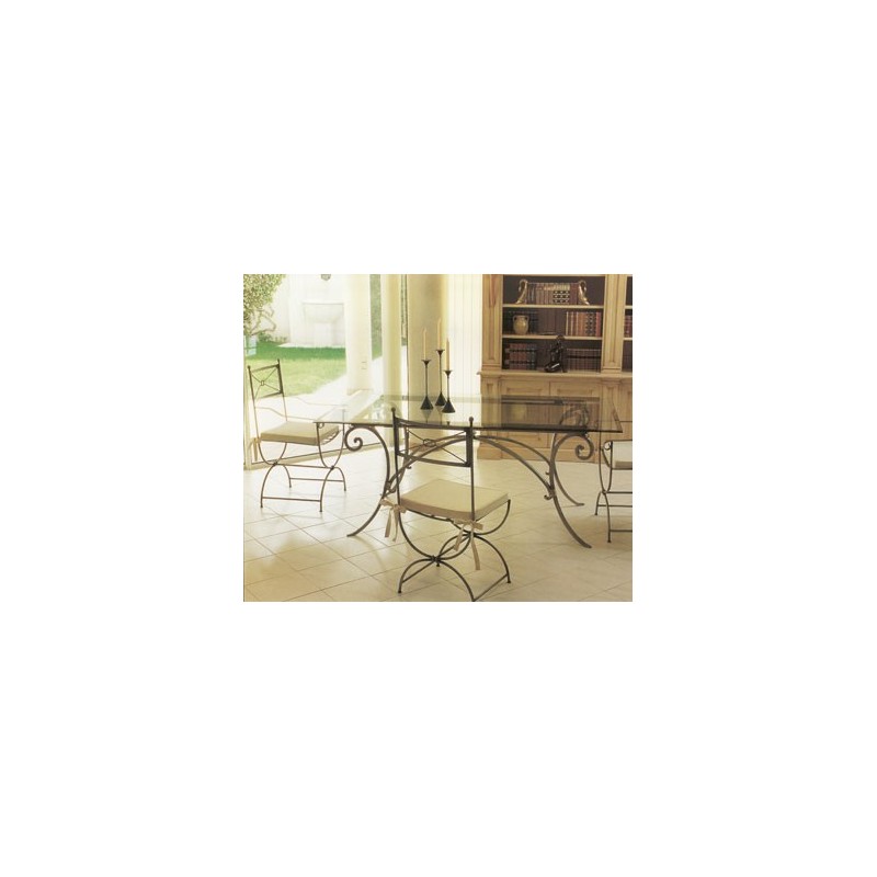 Table lagune rectangulaire, plateau verre, bois ou travertin, Patines Anciennes