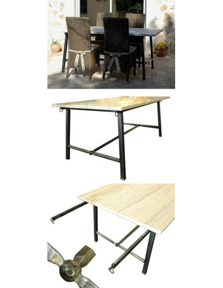 Table rectangulaire bivouac, plateau verre, bois ou travertin, Patines Anciennes