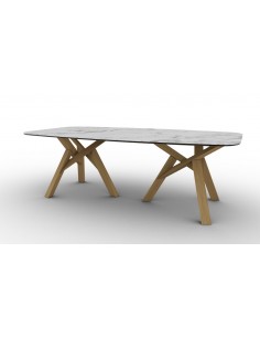 Table de repas rectangulaire, tonneau, pieds Mikado chêne, céramique Xgloss brillant Dekton Bergen L2300mm x P1100mm x ép 2.0 cm